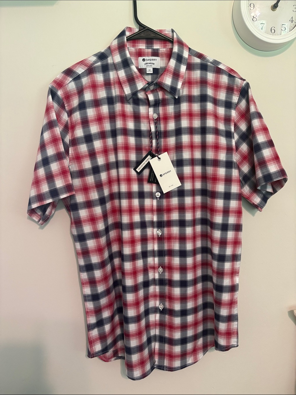 Sperry Red, Navy & White Short-Sleeve Plaid Button-Down Shirt